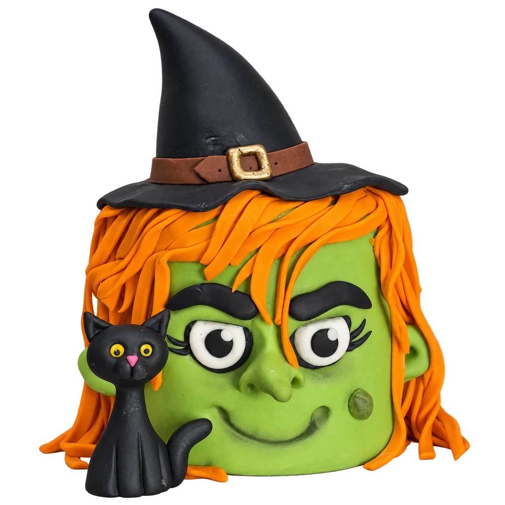Witch Halloween cake with a tall black hat and a little black cat