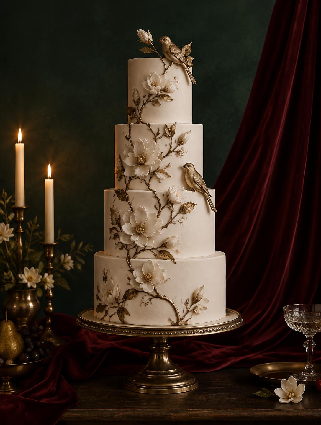 Four-tier ivory wedding cake with gold magnolias